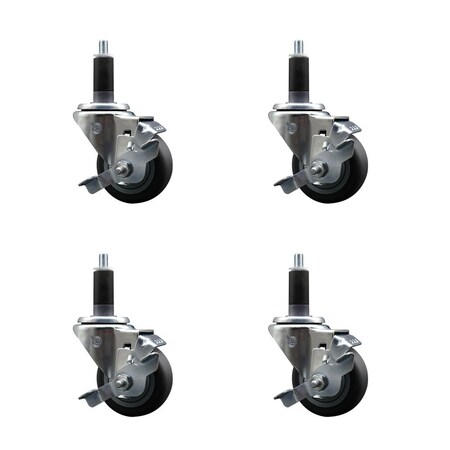 Service Caster 3'' Thermoplastic Rubber Swivel 1-1/8'' Expanding Stem Caster Set with Brake, 4PK SCC-EX20S314-TPRB-TLB-118-4